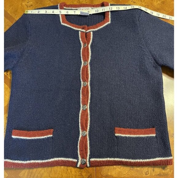 90s Vtg Womens Skyr Shetland Wool Cardigan Sweater Button Front Blue Red 38 Flaw - Picture 8 of 11
